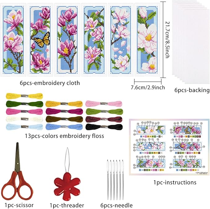 ORIGACH 6 Set Magnolia Cross Stitch Bookmark Kits for Beginner, Flowers Stamped Cross Stitch Kits with Instructions for Adults Bookmarks Lovers