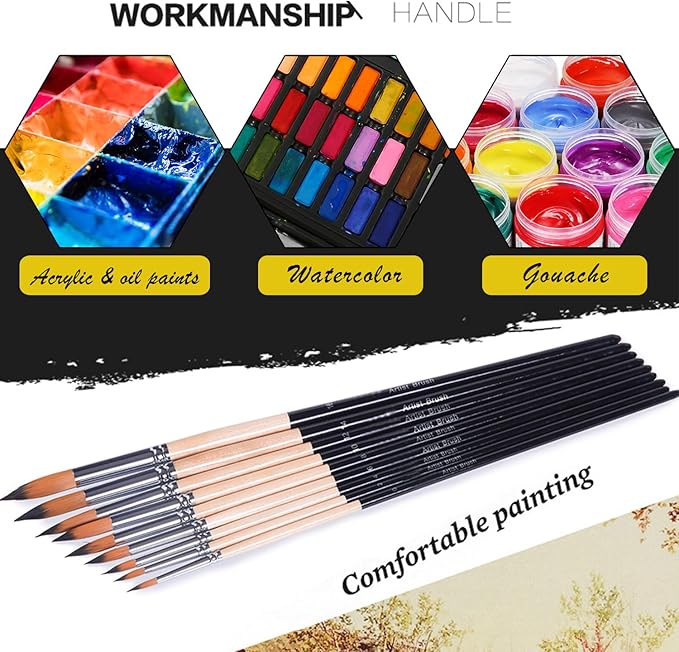 Artist Watercolor Brushes Set,9 Pcs Professional Painting Kits with Long Handle Soft Nylon Hair Round Tips Brushes for Acrylic Oil Watercolor Gouache (Pointed-Round)
