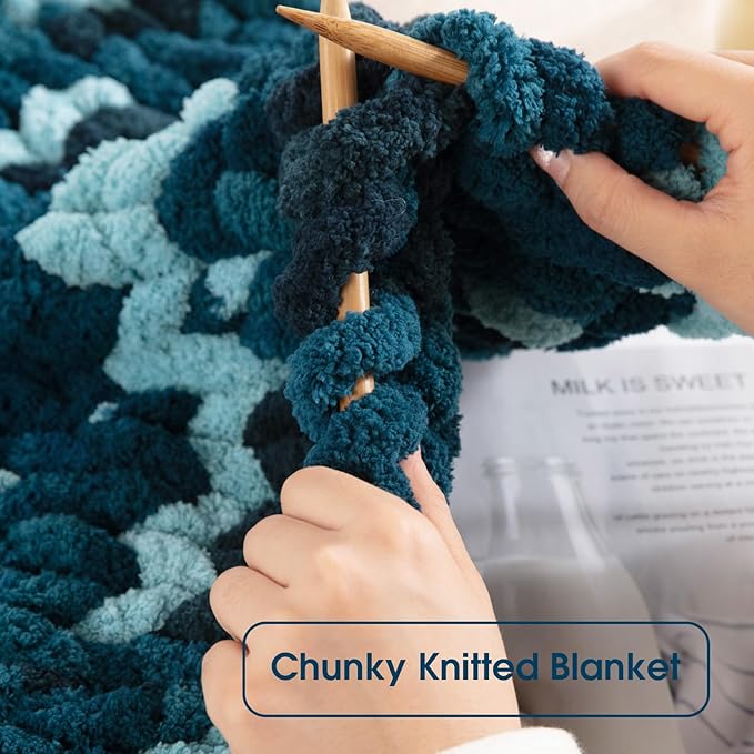 HOMBYS Chunky Tie Dye Mix Chenille Yarn for Hand Knitting, Super Bulky Jumbo Yarn for Crocheting, 3/4" Thick Soft Plush Yarn for Blankets, 8 Skein Pack (26 yds / 7.5 oz Each) Blue