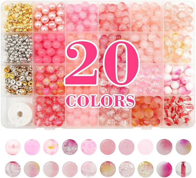 DIPSEOI 8mm Glass Beads for Bracelet Kit - 900 Pcs Jewelry Making Kits Bead DIY with Spacer Charms (Pink Series)