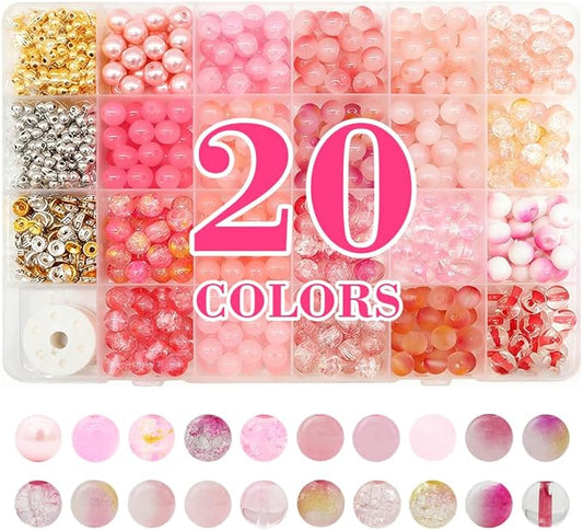 DIPSEOI 8mm Glass Beads for Bracelet Kit - 900 Pcs Jewelry Making Kits Bead DIY with Spacer Charms (Pink Series)