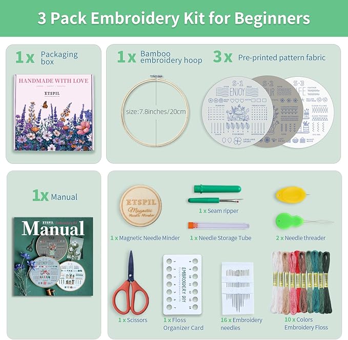 ETSPIL Embroidery Kit for Beginners & Adults, 3-Pack 33-Stitch Practice Samplers, Pre-Stamped Patterns, 7.8 inch Hoop, Floss & Needles, Step-by-Step Guide and Video Tutorials, DIY Needlework Gift