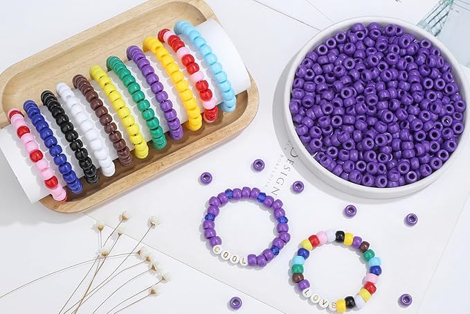 1000Pcs Purple Pony Beads 6x9mm Perler Crafts Beads for Bracelets, Kandi Bead Kit, Hair Braids Pony Bulk Plastic Bead for Keychain Necklace Jewelry Making(Purple)