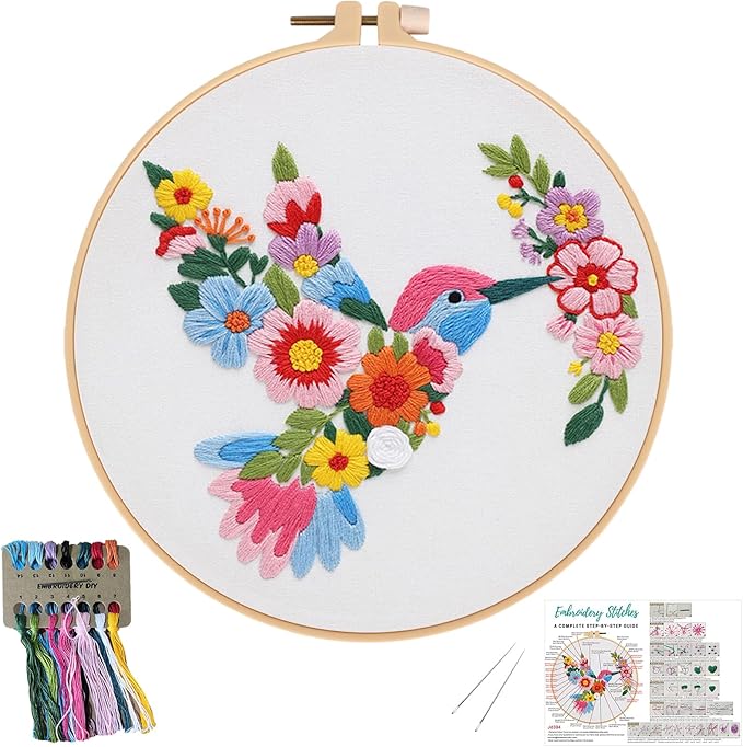 Nuberlic Bird Flower Embroidery Kit for Beginners -Adults Starter Cross Stitch Kit DIY Needlepoint with Hoop, Pre-Printed Fabric, Threads & Step-by-Step Guide