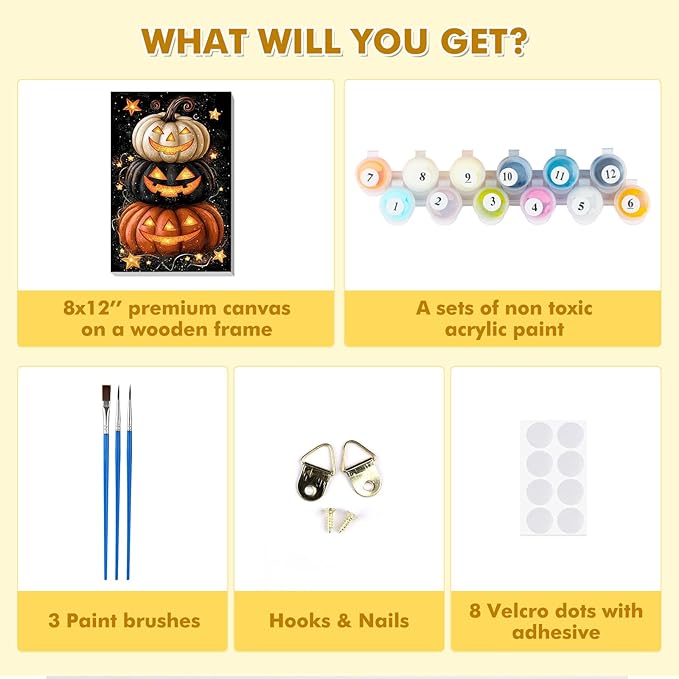 Bowetile Halloween Framed Paint by Numbers for Adults, Adults' Paint-by-Number Pumpkin Kits on Canvas, Easy Acrylic Number Painting Crafts Kits Halloween Gifts for Home Decor, 8x12in
