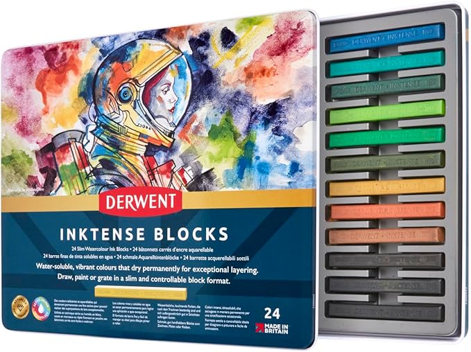 Derwent Inktense Blocks 24 Tin, Set of 24, 8mm Block, Soft Texture, Watersoluble, Ideal for Watercolor, Drawing, Coloring, Crafts and Painting on Paper and Fabric, Professional Quality (2300443)