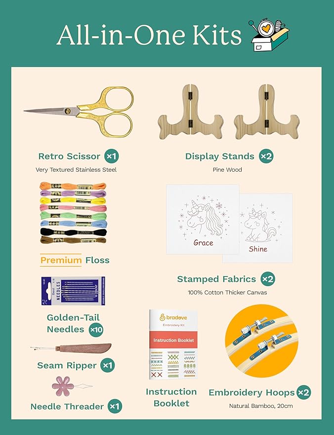 bradove embroidery kit for kids and adults, unicorns embroidery kit for beginners, easy needlepoint starter kit with 2 display stands