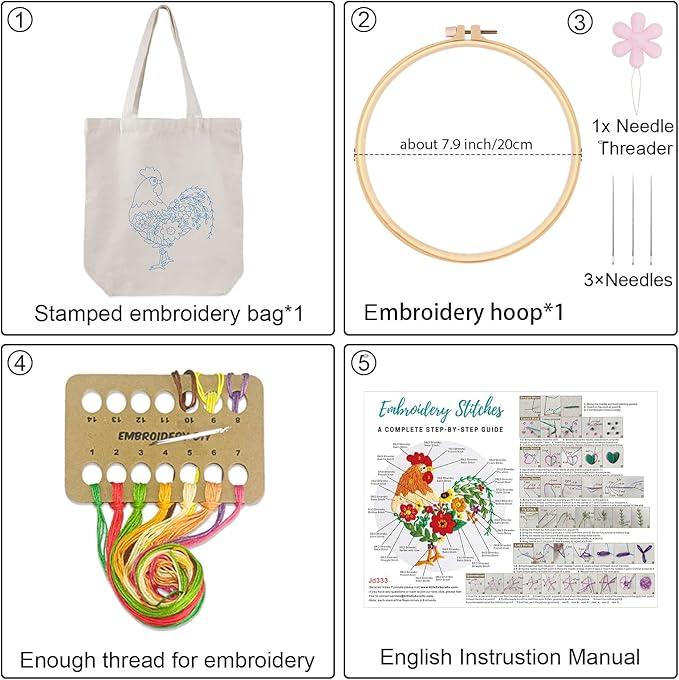 louise maelys embroidery kit canvas tote bag for beginners,cross stitch kits for adults,diy needlepoint include rooster and flower pattern,women shopping reusable grocery bags