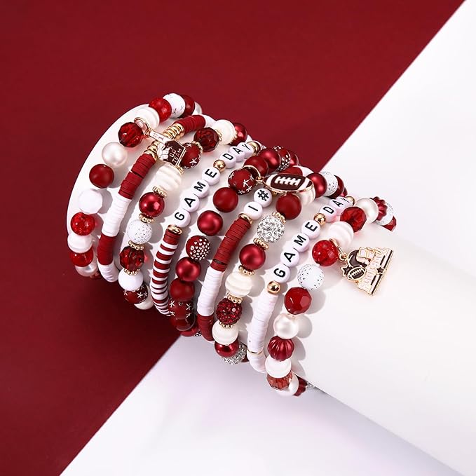 HSWE Game Day Beads for Bracelets Making Kit Heishi Clay Pearl Letter Assorted Round Bead Gold Spacer Beads Football Charms for DIY Bracelets Necklace Jewelry Making (Burgundy White Beads25)