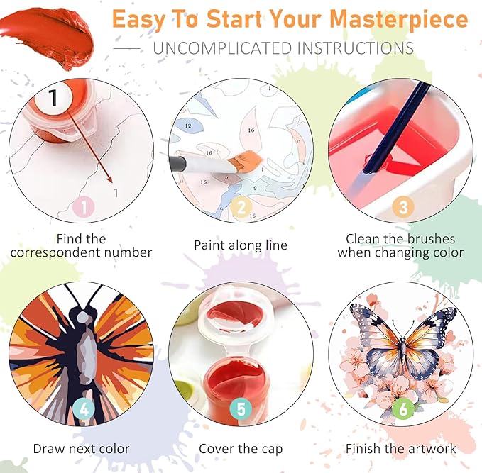 Framed Paint by Numbers Kit for Adults Beginners & Kids Ages 8-12, Butterfly Flowers Acrylic Easy Paint by Number with Frame, Paint by Number Kits on Canvas Framed (10 * 10 Inch, without Easel)