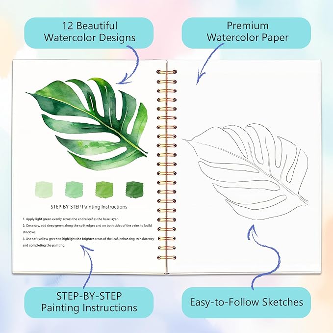 Easy Watercolor Workbook for Beginners - 12 Beautiful Step-by-Step Paintings Water Coloring Book, Includes 18 Colors Paints, Relaxing Art Projects and Creative Gift for Adults & Teen (Leaves)