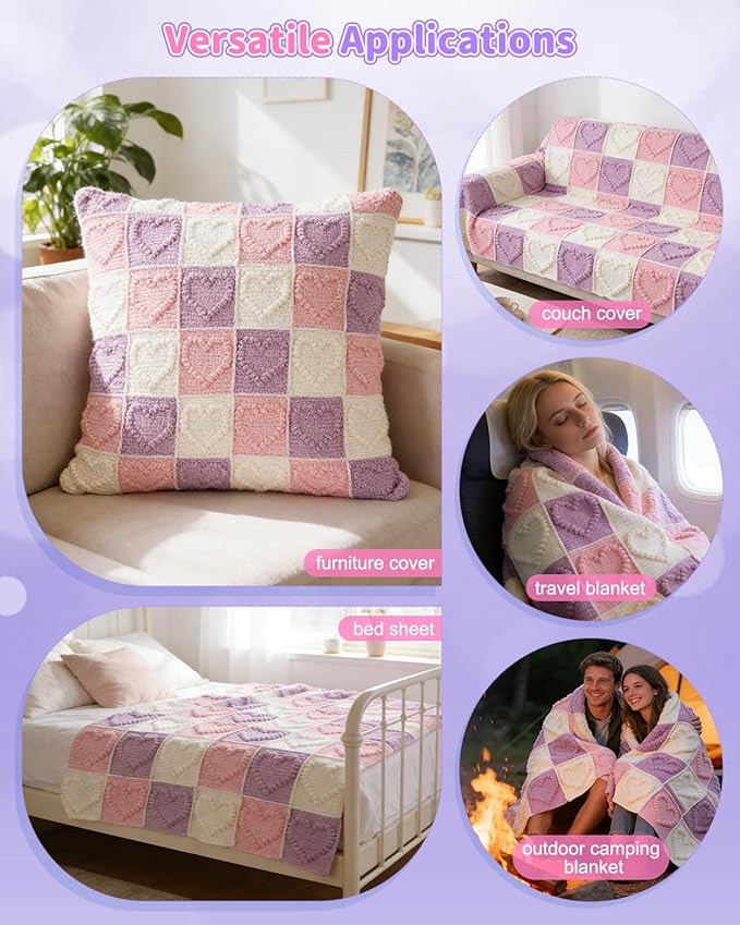 Coopay Crochet Blanket Kit for Beginners - 3D Love Granny Square Crochet Kit with Step-by-Step Video & Enough Yarns, Easy Bobble Blanket Kits for Adults, Ideal Gift for Craft Lovers (Pinkish-Purple)
