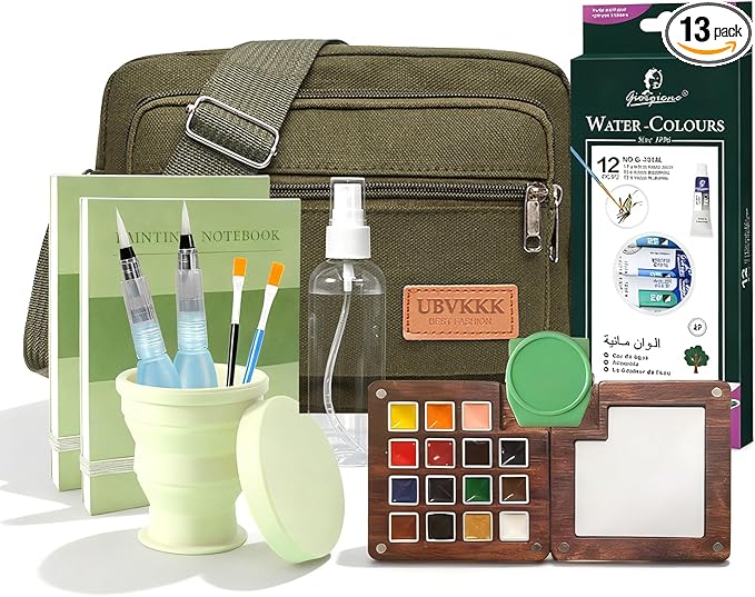 Mini Watercolor Travel Set, 15 Grid Wooden Palette Travel Watercolor Kit with Clip, Foldable Cup, Brushes, Bag, 12 Colors, 2 Sketchbooks & Spray Bottle – Gift for Painters, Art Lovers & Beginners