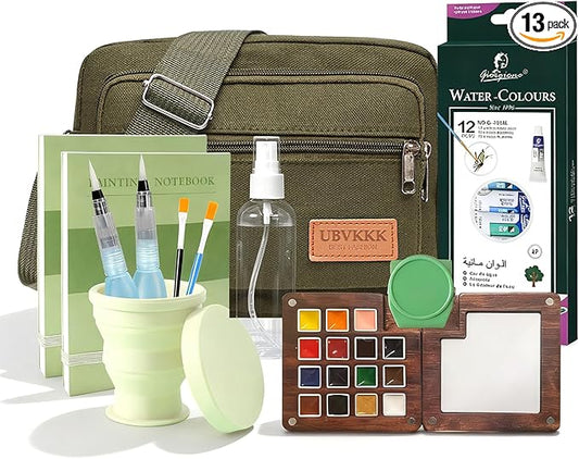 Mini Watercolor Travel Set, 15 Grid Wooden Palette Travel Watercolor Kit with Clip, Foldable Cup, Brushes, Bag, 12 Colors, 2 Sketchbooks & Spray Bottle – Gift for Painters, Art Lovers & Beginners