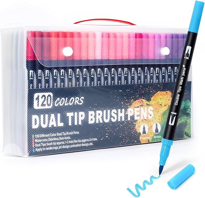 120 Colors Markers for Adult Coloring Books No Bleeding - Dual Tip Water Based Art Coloring Markers Set for Drawing, Painting, Fine Tip and Brush Tip Brush Pens for Artists(Black Barrel)