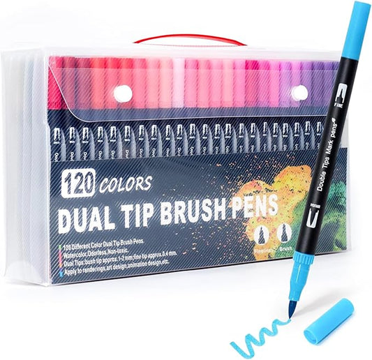 120 Colors Markers for Adult Coloring Books No Bleeding - Dual Tip Water Based Art Coloring Markers Set for Drawing, Painting, Fine Tip and Brush Tip Brush Pens for Artists(Black Barrel)