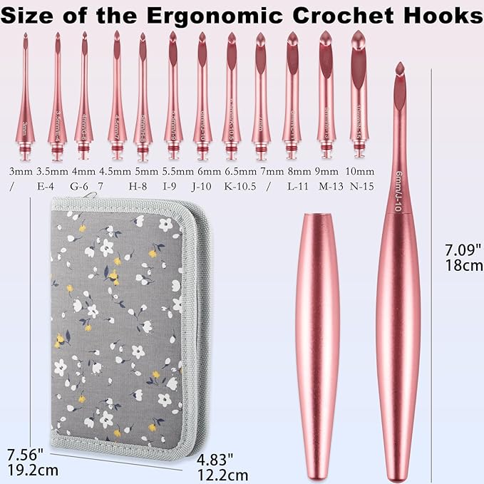 Svartur Interchangeable Crochet Hook Set with 12 Hooks – Ergonomic Crochet Hooks Large Handle, US Sizes E-4 to N-15 (3mm–10mm), Smooth & Lightweight, Crochet Kit with Storage Case, Pink
