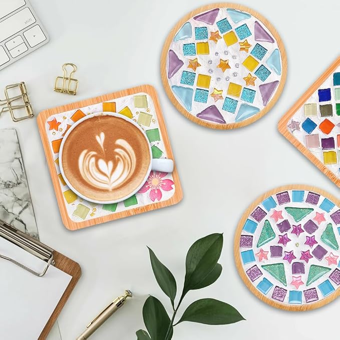 Adboros 8 Sets DIY Glass Mosaic Tiles for Crafts Mixed Color Mosaic Kits with Wooden Coaster for Adults Bamboo Coaster for Drinks Tray Handmade Home Decoration