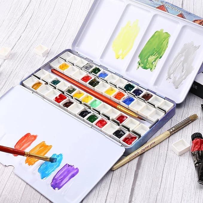 LOONENG Empty Watercolor Palette, Empty Watercolor Tin with Fold Out Palette, Large Purple Watercolor Tray Palette with 52 Empty Half Pans for Plein Air Painting and Sketching