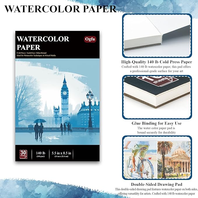 Water Color Sketchbook 5.5 x 8.5, Small Water Color Paper Pad, 30 Sheets (60pages) Cold Pressed Watercolor Paper 140 lb, Watercolor Pads for Painting, Watercolor Supplies for Artists.