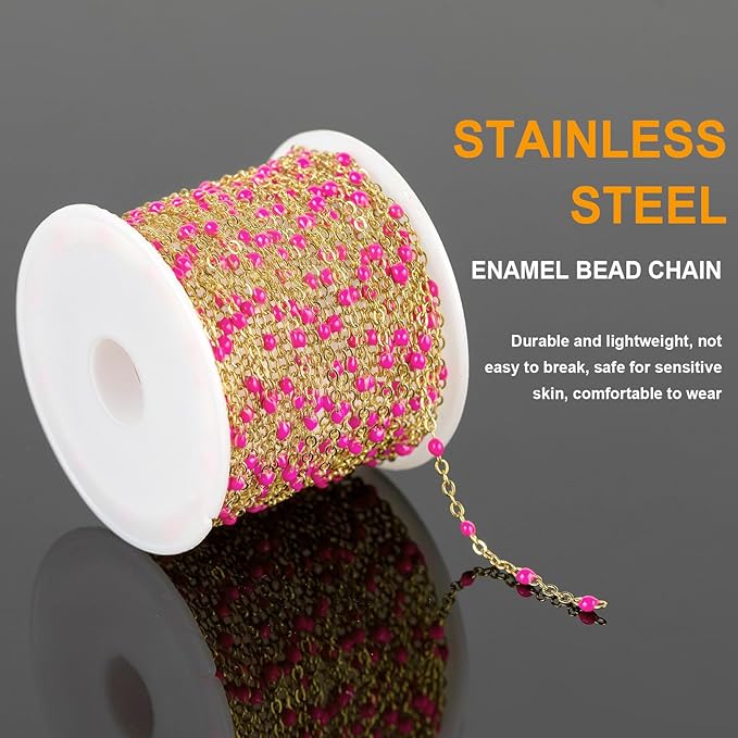 KYUNHOO 16.4 Feet/5M Rose Red Enamel Beaded Chain for Jewelry Making Gold Plated Stainless Steel Chain Spool Cross Cable Link Chains Bulk with Lobster Clasps and Jump Rings