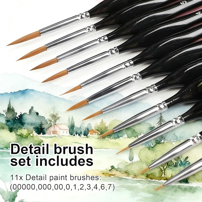 11-Piece Detail Paint Brushes Set, Triangular Grip Fine Tip Nail Brush, Small Paint Brush for Watercolor, Acrylic, Oil, Face, Model & Miniature Painting（Black）