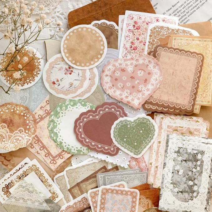 Alideco 400pcs Scrapbook Paper Vintage Lace Film Border Scrapbooking Paper for Journaling Supplies, Decorative Craft Paper for Junk Journals (huiyixuzhang)