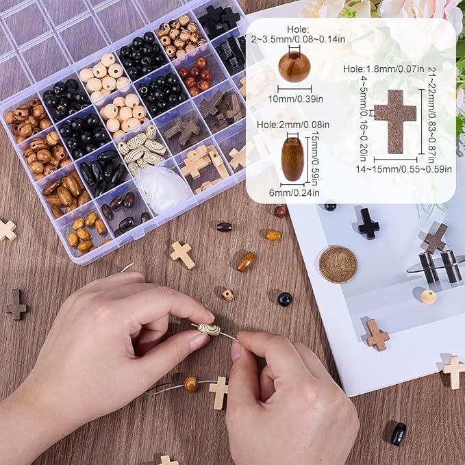 SUNNYCLUE 1 Box 290Pcs Cross Wood Beads Kit Easter Wooden Cross Beads Crucifix Mini Crosses Cross Bead Charms Wooden Round Spacer Beads for Jewelry Making DIY Earrings Bracelet Rosaries Supplies