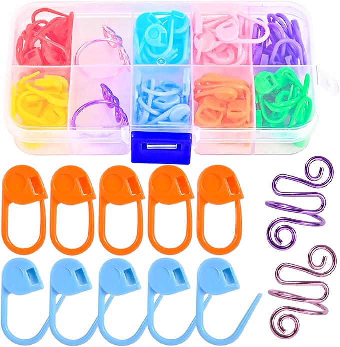 TESEAS 2Pcs Crochet Ring + 100Pcs Stitch Markers Adjustable Crochet Tension Rings for Finger Handmade Open Yarn Guide Crocheting Rings Knitting Accessories with Box,The Ideal Aid to Knitting Supplies
