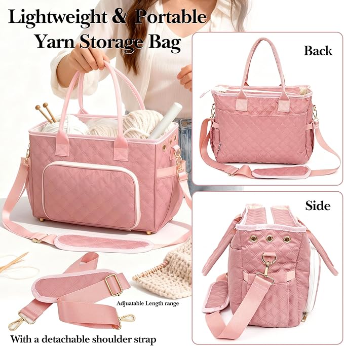 VERONLY Crochet Bag Yarn Storage, Large Knitting Tote with Padded Crochet Hook Organizer, Tote with Multiple Compartments for Crochet Lovers, Knitting Accessories, Unique Valentines Gifts for Her