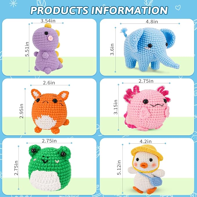 Gerute 6Pcs Crochet Kit for Beginners,Crochet Animal Kit with Step-by-Step Video Tutorial, Crocheting Kit for Starters, Beginner Crochet Kits for Adult Kid Women Men Complete Kit Included （40%+ Yarn