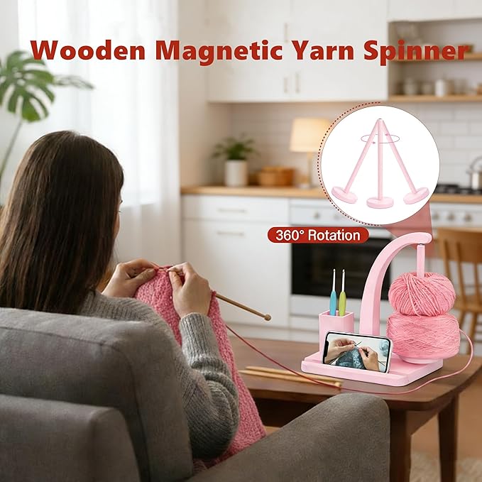 Yarn Holder for Crocheting and Knitting, Wooden Magnetic Yarn Spinner Rotating Holder with Crochet Hooks and Needles, Phone Stand and Storage Organizer (Pink)