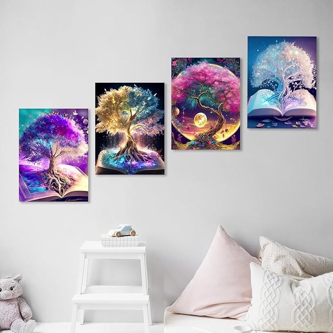 Muzagroo Art Diamond Painting Kits for Adults, DIY 5D Diamond Art Kits for Beginners, Tree of Life Canvas Arts and Crafts for Living Room, Kids Room 4 PCS Wall Art