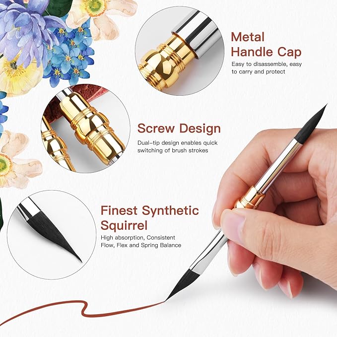 Fuumuui 3pcs Dual-Tip Travel Watercolor Brushes with 6 Versatile Tip Styles, Premium Synthetic Squirrel Hair Travel Paint Brush Set for Plein Air Painting - Watercolor Acrylic Gouache Ink
