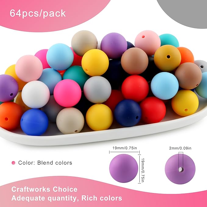 64Pcs 19mm Silicone Beads for Keychain Making and Bracelet Making,16 Colors Round Silicone Beads for Pens（Multicolor）