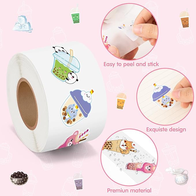 beyumi bubble tea sticker roll - 1000pcs boba stickers in 2 rolls waterproof vinyl drinks theme cute kawaii bubble tea decals gift laptop bottle scrapbooking luggage computer envelope decor for kids