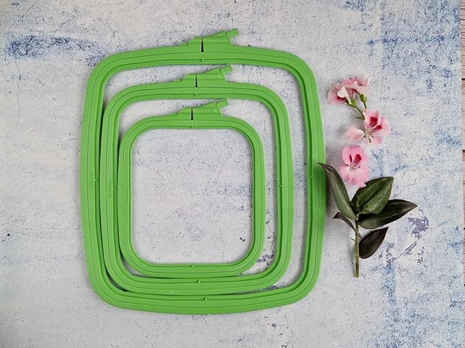 nurge square embroidery hoop - plastic cross stitch frame for needlepoint & embroidery - adjustable craft hoop - green - set of 3