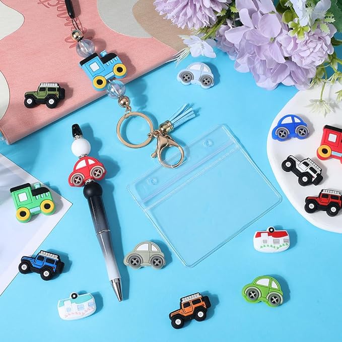 SUNNYCLUE 1 Box 15PCS Car Silicone Beads Cute Focal Rubber Beads Large 3D Cartoon Bus Rubber Soft Charms Center Drilled Chunky Loose Spacer Beads for Beading Pens Keychain Making Kit Bracelet Crafts