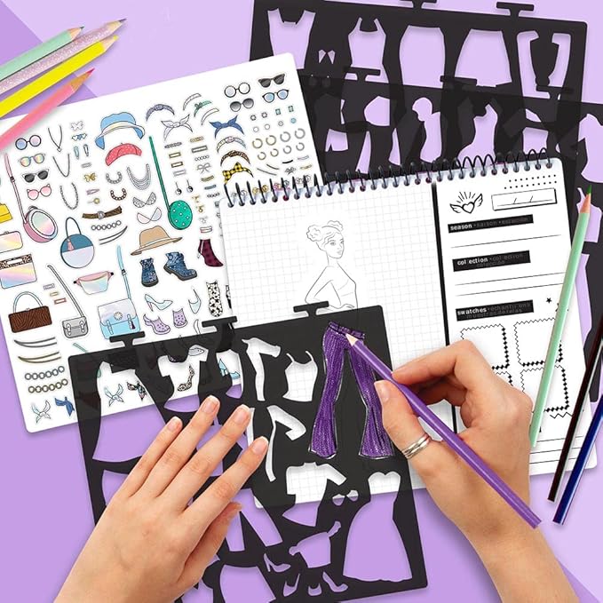Fashion Angels Fashion Runway Design Portfolio Book, Includes 35 Sketch Sheets with 4 Stencil Pages & 150+ Stickers, Ideal for Kids Ages 8 & Up