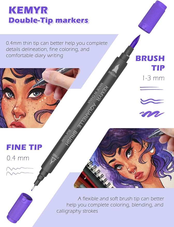 Markers for Adult Coloring Books: 60 Color Dual Tip Fine & Brush Pens Water-Based Coloring Marker for Adults Drawing Sketching Bullet Journal Writing Lettering No bleeding