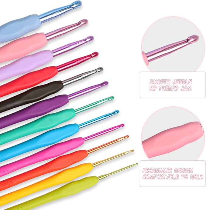 KOKNIT 12 PCS Crochet Hooks, Ergonomic Handle Crochet Hooks Set for Arthritic Hands, Comfortable Smooth Crochet Needles Extra Long Knitting Needles with Stitch Markers
