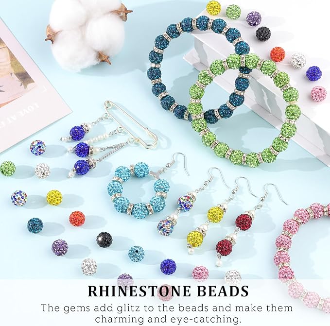 120 pcs 10mm rhinestone beads for jewelry making, 12 mixed colors shiny round shamballa disco ball beads, sparkle crystal clay christmas for bracelet baseball necklace earring and diy