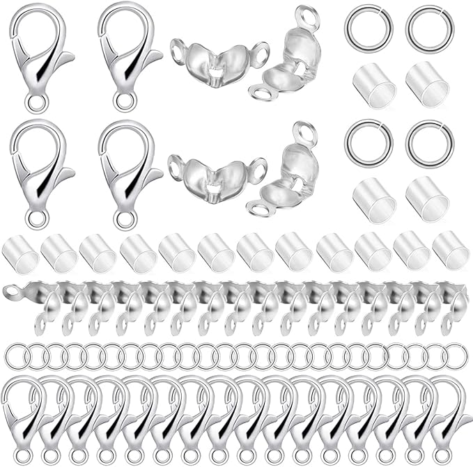 1600 Pcs Jewelry Making Accessories Set with 100 Pieces Lobster Claw Clasp 300 Pieces Bead Tips Knot Covers 600 Pieces Crimp Tube Beads and 600 Pieces Open Jump Ring Connectors for Jewelry Making