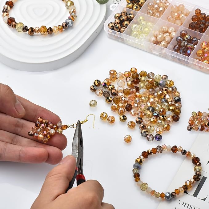 200pcs 8MM Faceted Rondelle Glass Beads for Jewelry Making, Briolette Crystal Glass Beads Plated Round Loose Spacer Beads for DIY Supplies Bracelets Necklaces Earrings (Brown)