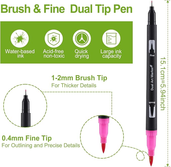 60 Colors Brush & Fine Dual Tip Watercolor Markers for Adult Coloring Books No Bleeding Professional Paint Pens For Drawing Note taking Planner Calligraphy Journaling Card Making Art Supplies