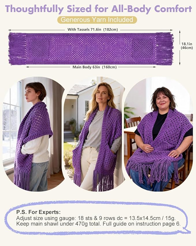 Arborthread Crochet Kit for Beginners, Easy Pocket Shawl & Scarf Crochet Kit for Adults w/Ample Premium Yarn to Fit Different Sizes, Step-by-Step Video & Instructions, Pureple