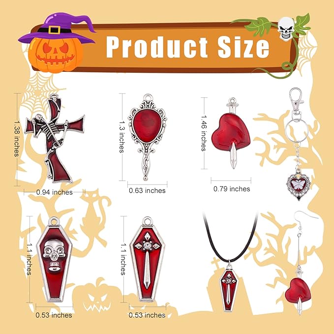 WEWAYSMILE 14Pcs Halloween Charm Pendant Red Skull Charm Witchy Charms for Jewelry Making Kit Hearts, Small Crosses Halloween Jewelry for DIY Necklace Bracelet Earring Accessories