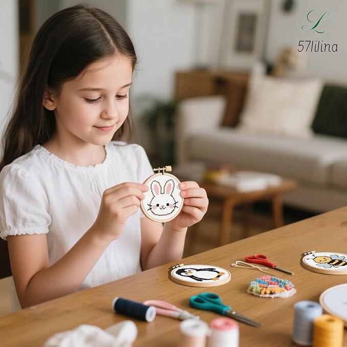 57lilina Cross Stitch Kits for Kids - 6 Set Easy Beginners Embroidery Kit for Kids, DIY Cute Pre Printed Stamped Crossstitch Needlepoint Patterns Craft for Backpack Charms, Keychains & Girls Gifts
