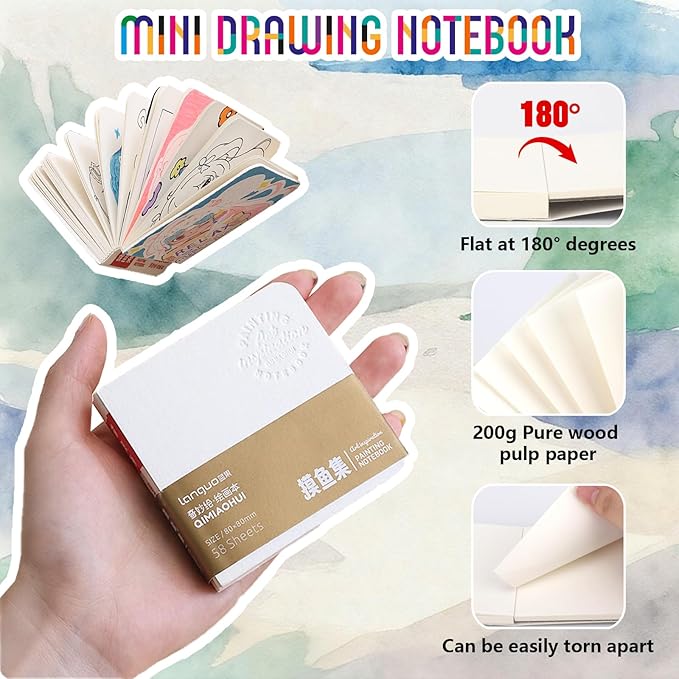 Walnut Wood Mini Watercolor Paint Set-24 Color Pocket Watercolor Set with Brush, Sketchbook and Towel, Complete Portable Watercolor Kit for Artists, Beginners, Students and Urban Sketching (15 Grids)