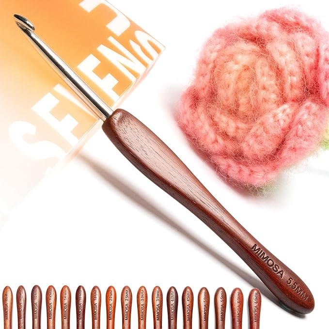 SEVENSUN Mimosa 5.5mm Single Crochet Hook, Available in 0.6mm-6.5mm, Ergonomic Hand Polished Stainless Steel Inline Pointy Wood Handle Crochet Hook for Arthritic Hands, Mother's Day Gifts for Mom